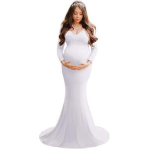 imageWomens Long Sleeve Off Shoulder Lace Maternity Dress for Photography Baby Shower with Flower Sash Belt for Photoshoot