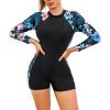 imageIDOPIP Rash Guard for Women LongShort Sleeve UV Sun Protection Rash Guard Shirt One Piece Swimsuit Surfing Bathing SuitBlue Floral  Long Sleeve