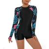 imageIDOPIP Rash Guard for Women LongShort Sleeve UV Sun Protection Rash Guard Shirt One Piece Swimsuit Surfing Bathing SuitBlue Leaves  Cutout