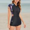 imageIDOPIP Rash Guard for Women LongShort Sleeve UV Sun Protection Rash Guard Shirt One Piece Swimsuit Surfing Bathing SuitBlue Leaves