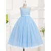 imageIDOPIP Sequin Appliques Flower Girl Dress for Kids Wedding Pageant Party Long Gown Princess Birthday Communion Tulle DressesBlue  Vback