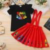 imageIDOPIP Toddler Kids Girls Back to School Outfits Pencil Print Tshirt  Suspenders Skirt Overalls Dress Kindergarten ClothesRed  Black  Crayon