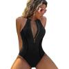 imageIDOPIP Womens One Piece Swimsuit Bathing Suit Tummy Control Color Block Swimwear Halter Front Zipper Monokini Beachwear SuitsBlack
