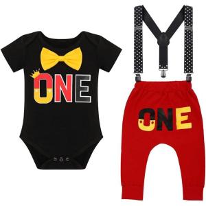 imageIDOPIP Baby Boys First Birthday Party Cake Smash Outfit Bowtie Romper Suspenders Pants Set with Mouse Ear Headband OutfitBlack  One