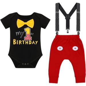 imageIDOPIP Baby Boys First Birthday Party Cake Smash Outfit Bowtie Romper Suspenders Pants Set with Mouse Ear Headband OutfitBlack 1st Birthday  Button