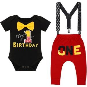 imageIDOPIP Baby Boys First Birthday Party Cake Smash Outfit Bowtie Romper Suspenders Pants Set with Mouse Ear Headband OutfitBlack 1st Birthday  One