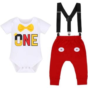 imageIDOPIP Baby Boys First Birthday Party Cake Smash Outfit Bowtie Romper Suspenders Pants Set with Mouse Ear Headband OutfitWhite  Button