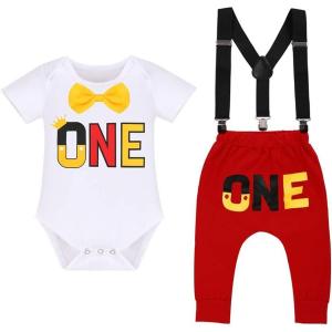 imageIDOPIP Baby Boys First Birthday Party Cake Smash Outfit Bowtie Romper Suspenders Pants Set with Mouse Ear Headband OutfitWhite  One