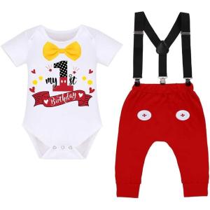 imageIDOPIP Baby Boys First Birthday Party Cake Smash Outfit Bowtie Romper Suspenders Pants Set with Mouse Ear Headband OutfitWhite 1st Birthday  Button 2