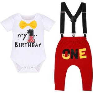 imageIDOPIP Baby Boys First Birthday Party Cake Smash Outfit Bowtie Romper Suspenders Pants Set with Mouse Ear Headband OutfitWhite 1st Birthday  One