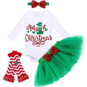 imageIDOPIP Baby Girl Christmas Outfit My First Christmas Santa Romper Tutu Dress Outfit Red Santa Hat Leg Warmers Shoes ClothesGreen  1st Christmas