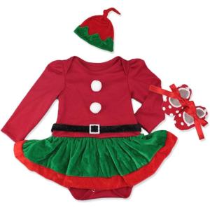 imageIDOPIP Baby Girl Christmas Outfit My First Christmas Santa Romper Tutu Dress Outfit Red Santa Hat Leg Warmers Shoes ClothesRed  Green Long Sleeve 3pcs