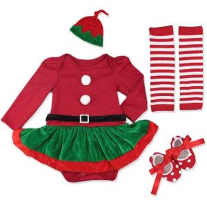 imageIDOPIP Baby Girl Christmas Outfit My First Christmas Santa Romper Tutu Dress Outfit Red Santa Hat Leg Warmers Shoes ClothesRed  Green Long Sleeve 4pcs
