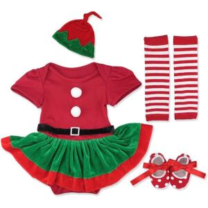 imageIDOPIP Baby Girl Christmas Outfit My First Christmas Santa Romper Tutu Dress Outfit Red Santa Hat Leg Warmers Shoes ClothesRed  Green Short Sleeve 4pcs