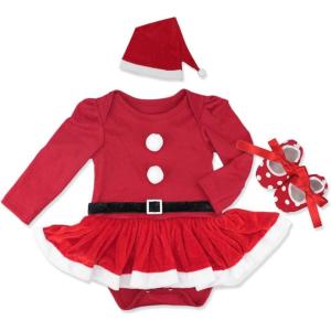 imageIDOPIP Baby Girl Christmas Outfit My First Christmas Santa Romper Tutu Dress Outfit Red Santa Hat Leg Warmers Shoes ClothesRed Long Sleeve 3pcs