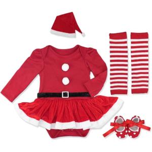 imageIDOPIP Baby Girl Christmas Outfit My First Christmas Santa Romper Tutu Dress Outfit Red Santa Hat Leg Warmers Shoes ClothesRed Long Sleeve 4pcs