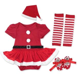 imageIDOPIP Baby Girl Christmas Outfit My First Christmas Santa Romper Tutu Dress Outfit Red Santa Hat Leg Warmers Shoes ClothesRed Short Sleeve 4pcs
