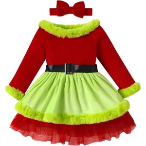 imageIDOPIP Christmas Dress for Toddler Girls Santa Claus Dress Long Sleeve Velvet Belted Dress Holiday Party Ruffle Tulle DressGreen