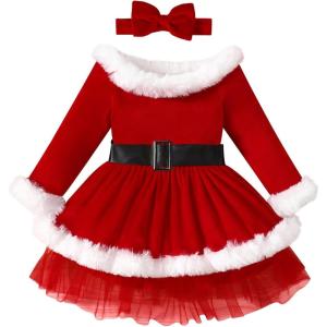 imageIDOPIP Christmas Dress for Toddler Girls Santa Claus Dress Long Sleeve Velvet Belted Dress Holiday Party Ruffle Tulle DressRed