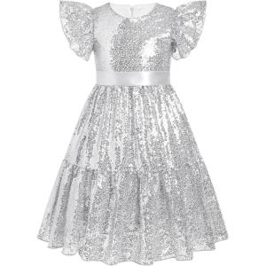 imageIDOPIP Flower Girl Sequin Ruffle Tutu Dress for Kids Wedding Pageant Party Formal Gown Princess Birthday Communion DressesSilver
