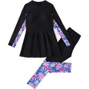 imageIDOPIP Muslim Swimsuits for Girls Kids Islamic Swimwear Burkini Full Long Sleeve Rash Guard Top Pants Modest Bathing Suit SetBlack