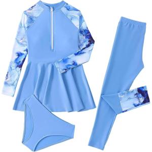 imageIDOPIP Muslim Swimsuits for Girls Kids Islamic Swimwear Burkini Full Long Sleeve Rash Guard Top Pants Modest Bathing Suit SetBlue Print
