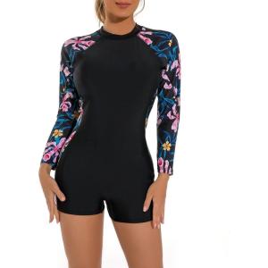 imageIDOPIP Rash Guard for Women LongShort Sleeve UV Sun Protection Rash Guard Shirt One Piece Swimsuit Surfing Bathing SuitPink Floral  Long Sleeve