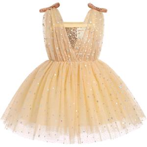 imageIDOPIP Sparkle Sequin Tutu Dress for Girls Birthday Glitter Tulle Formal Prom Pageant Mesh Ruffle DressChampagne
