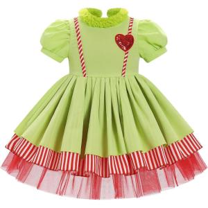imageIDOPIP Toddler Girls Christmas Dress Puff Sleeve Tutu Dress Princess Baptism Ruffle Tulle Dress Cake Smash Photo Shoot OutfitGreen