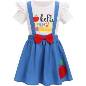 imageIDOPIP Toddler Kids Girls Back to School Outfits Pencil Print Tshirt  Suspenders Skirt Overalls Dress Kindergarten ClothesBlue  Apple