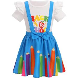 imageIDOPIP Toddler Kids Girls Back to School Outfits Pencil Print Tshirt  Suspenders Skirt Overalls Dress Kindergarten ClothesBlue  Pencil
