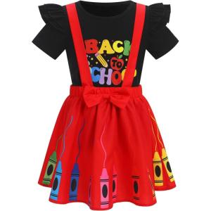imageIDOPIP Toddler Kids Girls Back to School Outfits Pencil Print Tshirt  Suspenders Skirt Overalls Dress Kindergarten ClothesRed  Black  Crayon