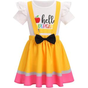imageIDOPIP Toddler Kids Girls Back to School Outfits Pencil Print Tshirt  Suspenders Skirt Overalls Dress Kindergarten ClothesYellow