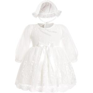 imageToddler Baby Girl Long Sleeve Fall Dress Flower Lace Wedding First Birthday Baptism Christening Dresses with Hat OutfitWhite Lace Floral
