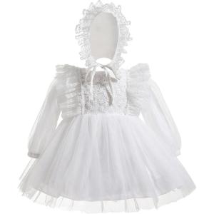 imageToddler Baby Girl Long Sleeve Fall Dress Flower Lace Wedding First Birthday Baptism Christening Dresses with Hat OutfitWhite Lace Flower