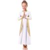 imageGirls Kids Metallic Gold Long Sleeve Praise Dance Dress Shiny Bi Color Block Liturgical Lyrical Loose Fit Full Length Robe Gown Worship Ruffle Tunic Circle Skirt Church Ballet Dancewear White 78Y