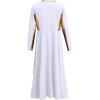 imageGirls Kids Metallic Gold Long Sleeve Praise Dance Dress Shiny Bi Color Block Liturgical Lyrical Loose Fit Full Length Robe Gown Worship Ruffle Tunic Circle Skirt Church Ballet Dancewear White 78Y
