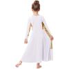 imageGirls Kids Metallic Gold Long Sleeve Praise Dance Dress Shiny Bi Color Block Liturgical Lyrical Loose Fit Full Length Robe Gown Worship Ruffle Tunic Circle Skirt Church Ballet Dancewear White 78Y