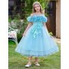 imageIDOPIP Sequin Embroidery Flower Girl Maxi Dress for Wedding Party Birthday Princess Dresses Pageant Ruffle Cold Shoulder GownBlue