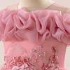 imageIDOPIP Sequin Embroidery Flower Girl Maxi Dress for Wedding Party Birthday Princess Dresses Pageant Ruffle Cold Shoulder GownDusty Pink