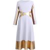 imageMetallic Gold Cross Praise Dance Dress for Girls Kids Long Sleeve Bandage Color Block Liturgical Lyrical Worship Dancewear Loose Fit Full Length Ruffle Tunic Circle Skirt Ballet Costume White 78Y