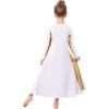 imageMetallic Gold Praise Dance Dresses for Girls Kids Liturgical Lyrical Color Block Worship Dress Loose Fit Full Length Swing Gown Ruffle Tunic Circle Skirt Christian Church Ballet Dancewear White 56Y