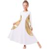 imageGirls Kids Metallic Gold Long Sleeve Praise Dance Dress Shiny Bi Color Block Liturgical Lyrical Loose Fit Full Length Robe Gown Worship Ruffle Tunic Circle Skirt Church Ballet Dancewear White 78Y