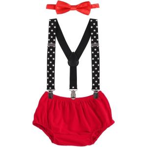 imageBaby Boys Cake Smash Clothes Diaper Suspenders Pants Bow Tie 3PCS Set First 1st 2nd Birthday Outfit for Photo Prop PartyRed  Black  White Stars