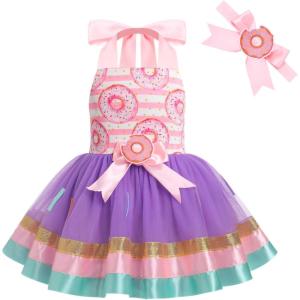 imageIDOPIP Baby Girls Donut Ice Cream Tutu Dress Summer Sleeveless Strap Backless Princess Birthday Party Dresses with HeadwearPink Donut