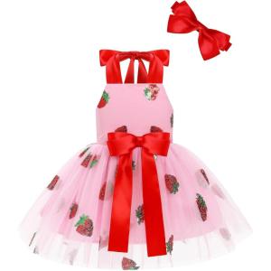 imageIDOPIP Baby Girls Donut Ice Cream Tutu Dress Summer Sleeveless Strap Backless Princess Birthday Party Dresses with HeadwearPink Strawberry