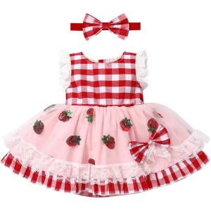 imageIDOPIP Baby Girls Gingham Tutu Dress Sequin Strawberry Cow Print Princess Birthday Party Dresses with Headband 2PCS OutfitRed Plaid Strawberry