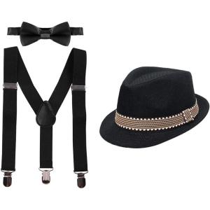 imageIDOPIP Cake Smash Outfit Boys Suspender Bow Tie Set with Birthday Hat Formal Tuxedo Suit for Kids Baby Photo Shoot CostumeBlack