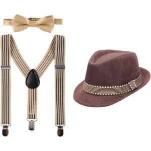 imageIDOPIP Cake Smash Outfit Boys Suspender Bow Tie Set with Birthday Hat Formal Tuxedo Suit for Kids Baby Photo Shoot CostumeCoffee