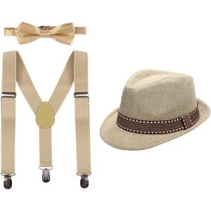 imageIDOPIP Cake Smash Outfit Boys Suspender Bow Tie Set with Birthday Hat Formal Tuxedo Suit for Kids Baby Photo Shoot CostumeKhaki